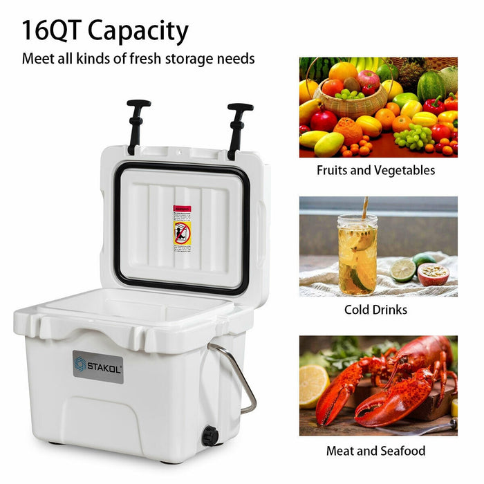 16 Quart 24-Can Capacity Portable Insulated Ice Cooler with 2 Cup Holders-White