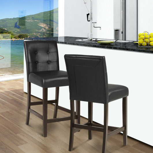 Set of 2 PVC Leather Bar Stools with Solid Wood Legs