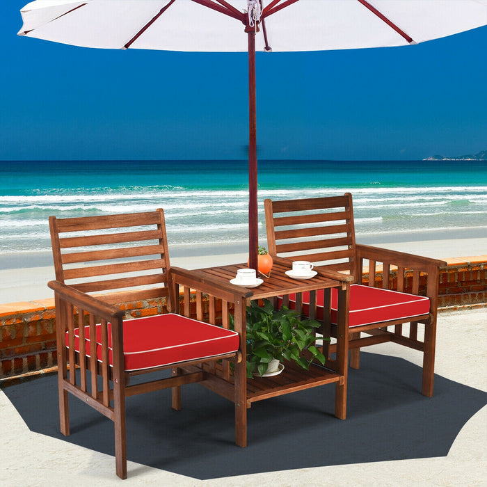 3 pcs Outdoor Patio Table Chairs Set Acacia Wood Loveseat-Red