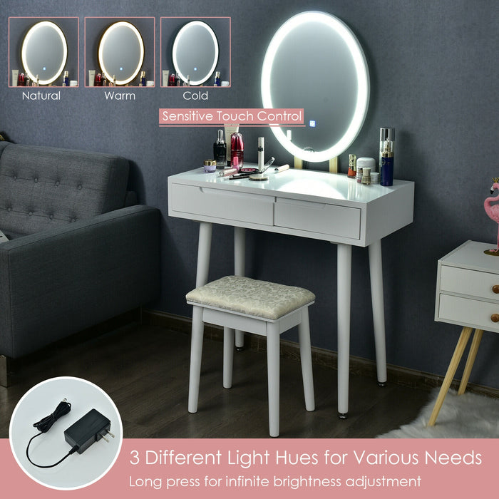 Touch Screen Vanity Makeup Table Stool Set with Lighted Mirror-White