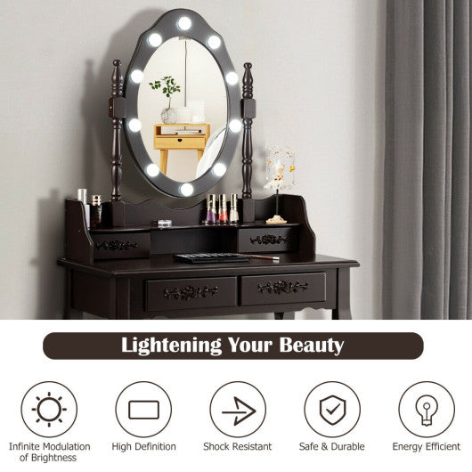 Makeup Vanity Dressing Table Set with Dimmable Bulbs Cushioned Stool-Coffee