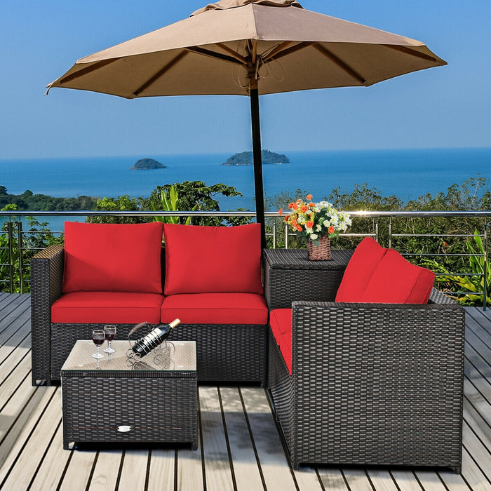 4 Pieces Outdoor Patio Rattan Furniture Set with Cushioned Loveseat and Storage Box-Red