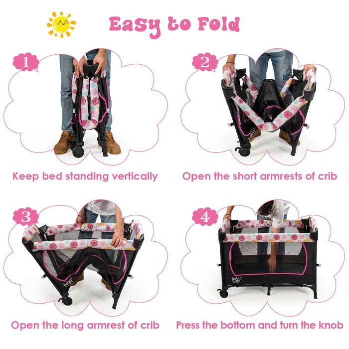 3-in-1 Convertible Portable Baby Playard with Music Box and Wheel and Brakes-Pink