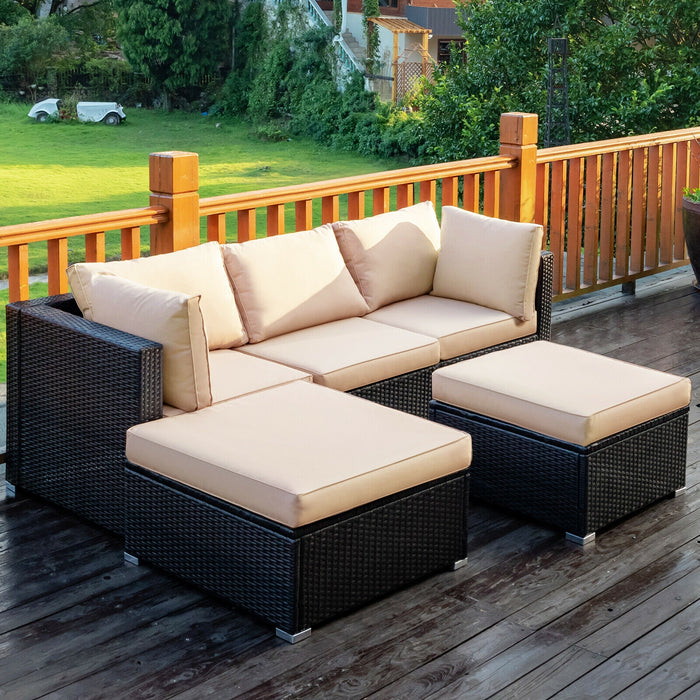 5 Pieces Patio Rattan Sofa Set with Cushion and Ottoman-Beige