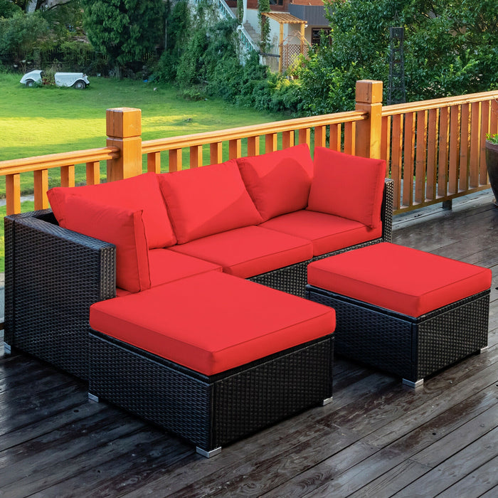 5 Pieces Patio Rattan Sofa Set with Cushion and Ottoman-Red