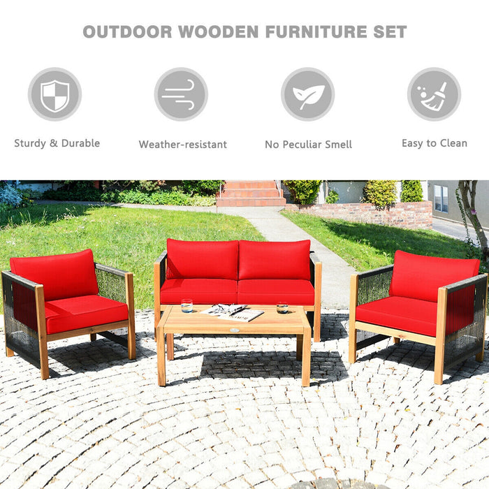 4 Pieces Acacia Wood Outdoor Patio Furniture Set with Cushions-Red