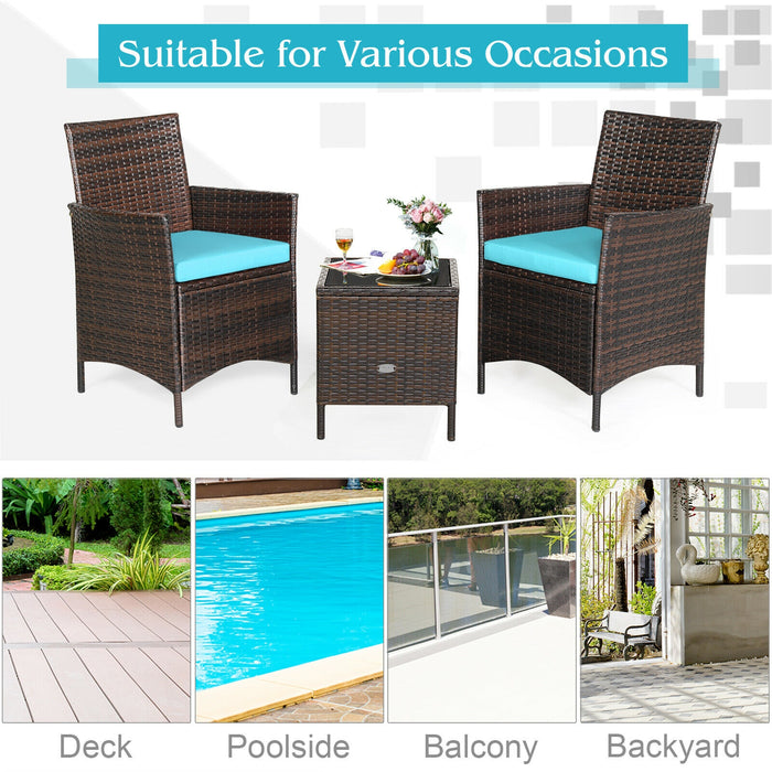 3 Pieces Patio Rattan Furniture Set Cushioned Sofa and Glass Tabletop Deck-Blue