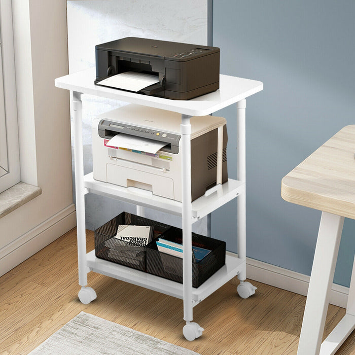 3-tier Adjustable Printer Stand with 360Â° Swivel Casters-White