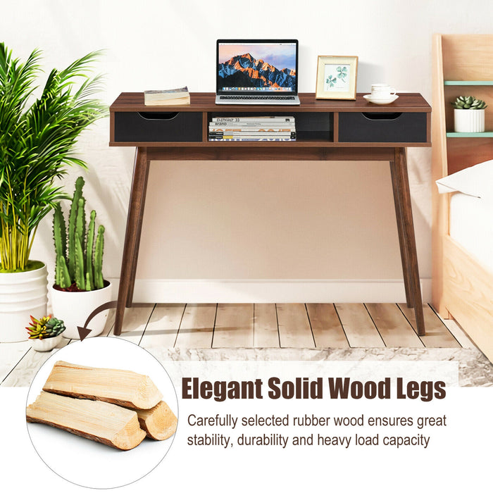 Stylish Computer Desk Workstation with 2 Drawers and Solid Wood Legs-Walnut