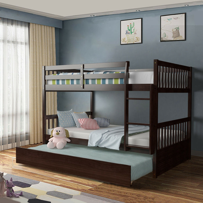 Full over Full Bunk Bed Platform Wood Bed with Ladder-Brown