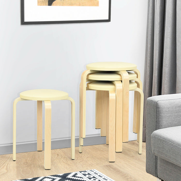 Set of 4 Bentwood Round Stool Stackable Dining Chairs with Padded Seat-Beige