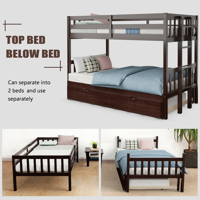 Twin Pull-Out Bunk Bed with Trundle Wooden Ladder-Espresso