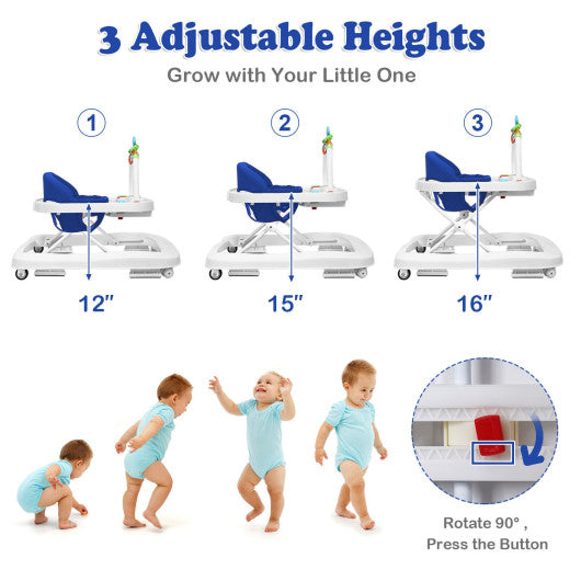 2-in-1 Foldable Baby Walker with Adjustable Heights-Blue