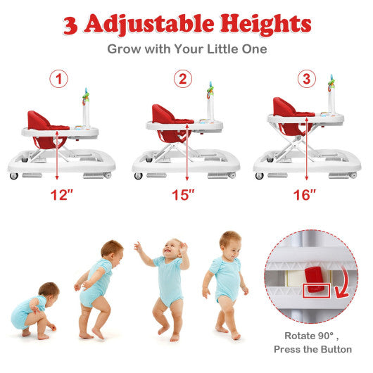 2-in-1 Foldable Baby Walker with Adjustable Heights-Red