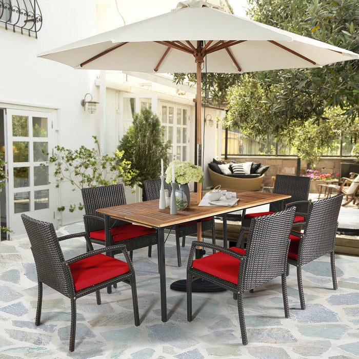 7Pcs Patio Rattan Cushioned Dining Set with Umbrella Hole-Red