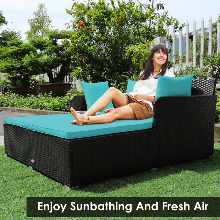 Spacious Outdoor Rattan Daybed with Upholstered Cushions and Pillows-Turquoise