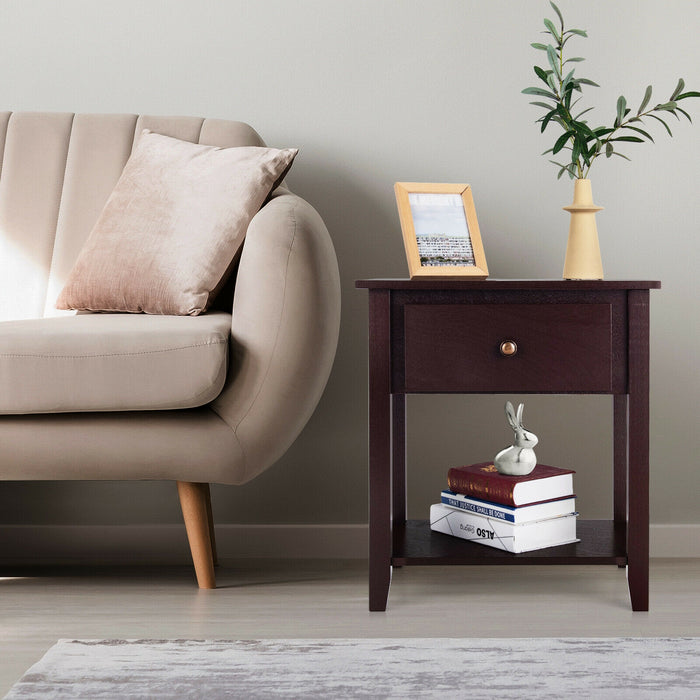 Nightstand with Drawer and Storage Shelf for Bedroom Living Room-Espresso