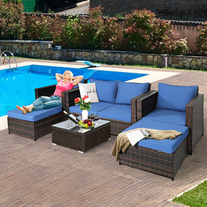 5 Pieces Patio Cushioned Rattan Furniture Set-Navy