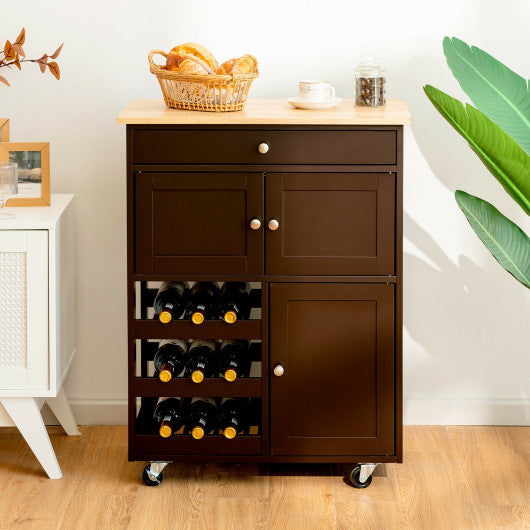 Kitchen Cart with Rubber Wood Top 3 Tier Wine Racks 2 Cabinets-Brown