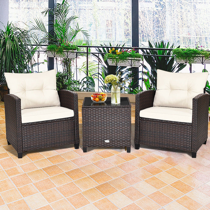 3 Pieces Patio Rattan Furniture Set Cushioned Conversation Set Coffee Table-White