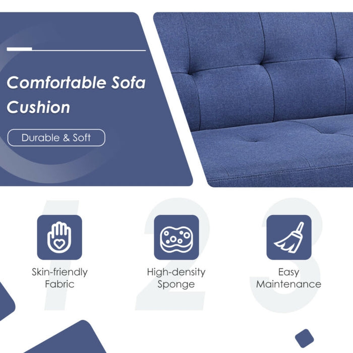 3 Seat Convertible Linen Fabric Futon Sofa with USB and Power Strip-Blue