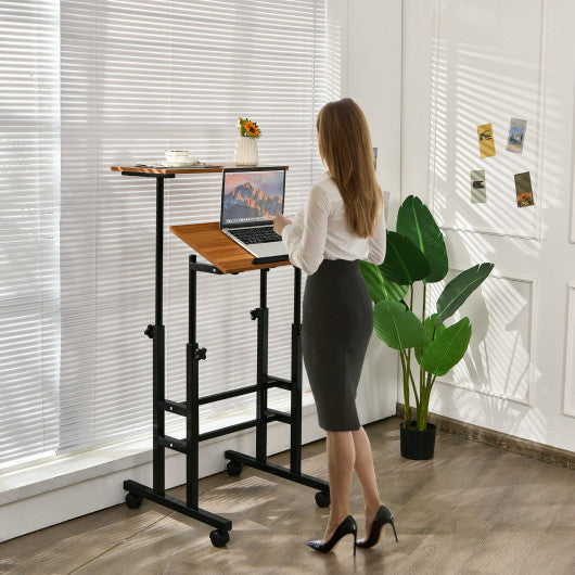 Height Adjustable Mobile Standing Desk with rolling wheels for office and home-Walnut