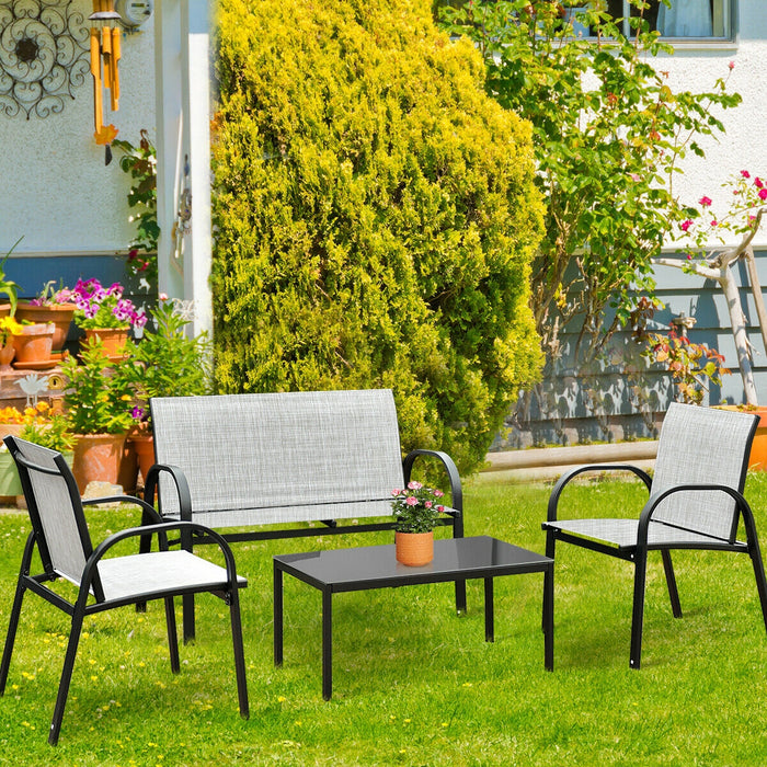 4 Pieces Patio Furniture Set with Glass Top Coffee Table-Gray