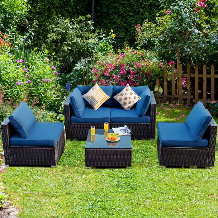 5 Pieces Cushioned Patio Rattan Furniture Set with Glass Table-Navy