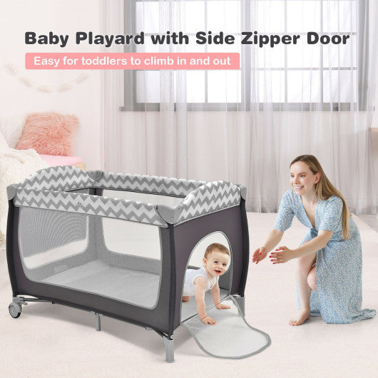 3-in-1 Portable Baby Playard with Zippered Door and Toy Bar-Gray