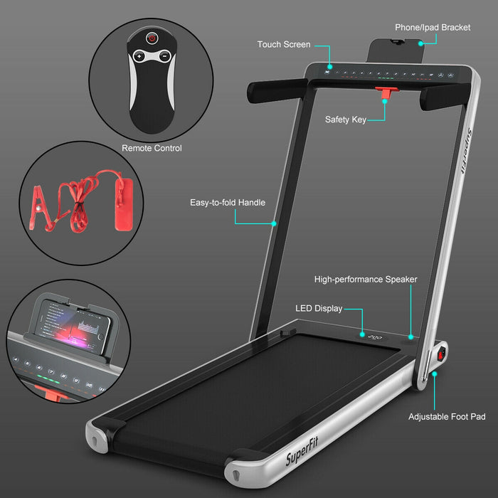 2-in-1 Electric Motorized Health and Fitness Folding Treadmill with Dual Display-Silver