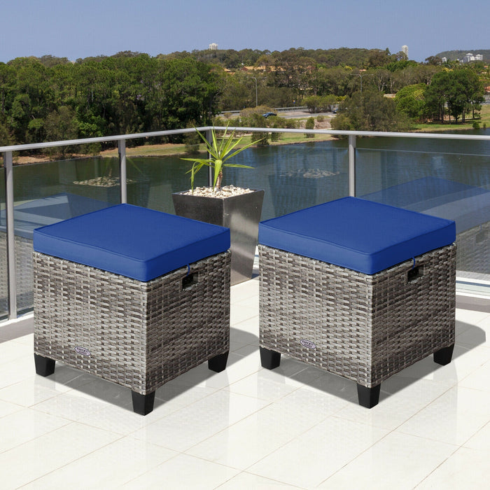 2 Pieces Patio Rattan Ottoman Seat with Removable Cushions-Navy