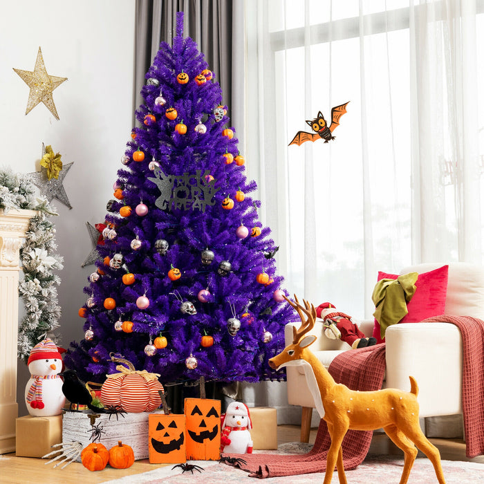 Artificial Prelit Purple Halloween Tree with Orange Lights and Pumpkin Ornaments-7'