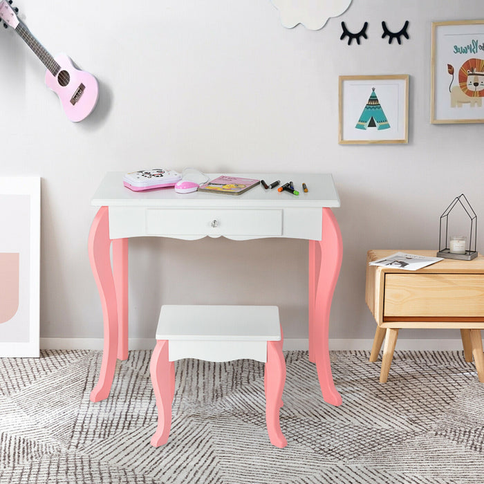 Kids Vanity Princess Makeup Dressing Table Stool Set with Mirror and Drawer-White