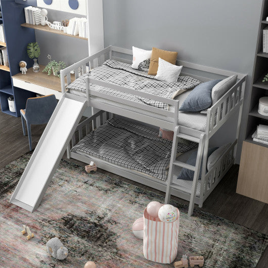 Twin over Twin Bunk Wooden Low Bed with Slide Ladder for Kids-Gray