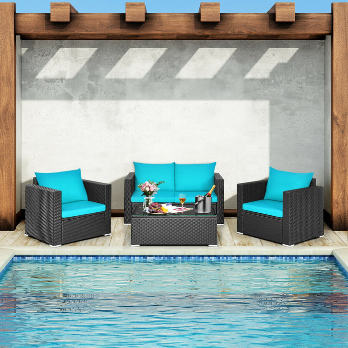 4Pcs Patio Rattan Cushioned Furniture Set-Turquoise