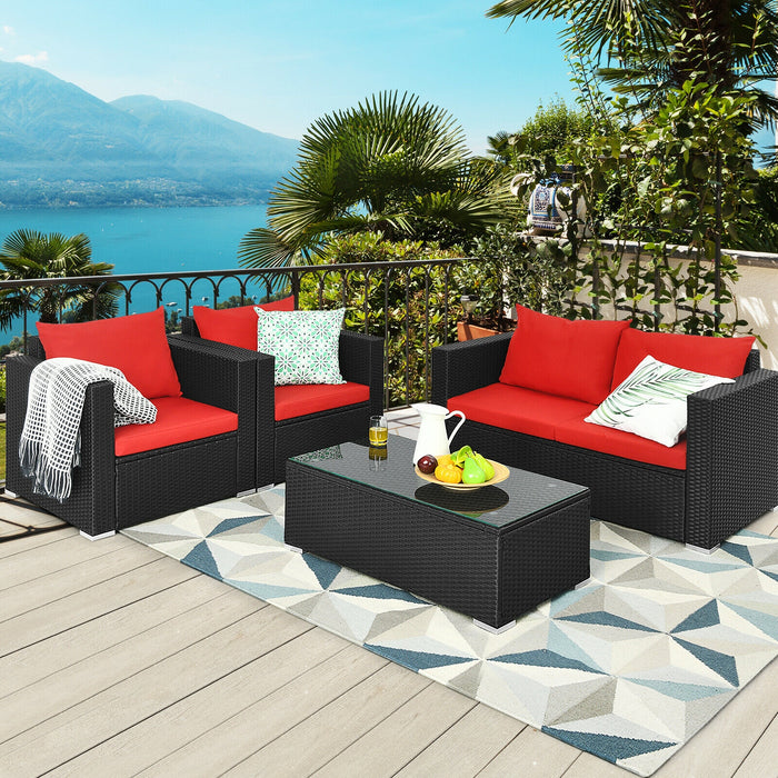 4 Pieces Patio Rattan Conversation Set with Cushions and Coffee Table-Red