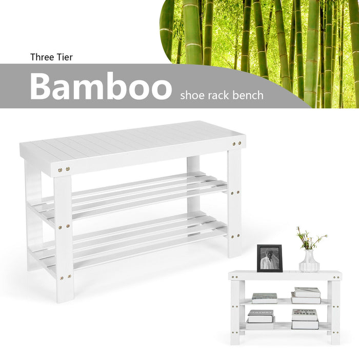 3-Tier Bamboo Shoe Bench Holds up to 6 Pairs for Entry-White