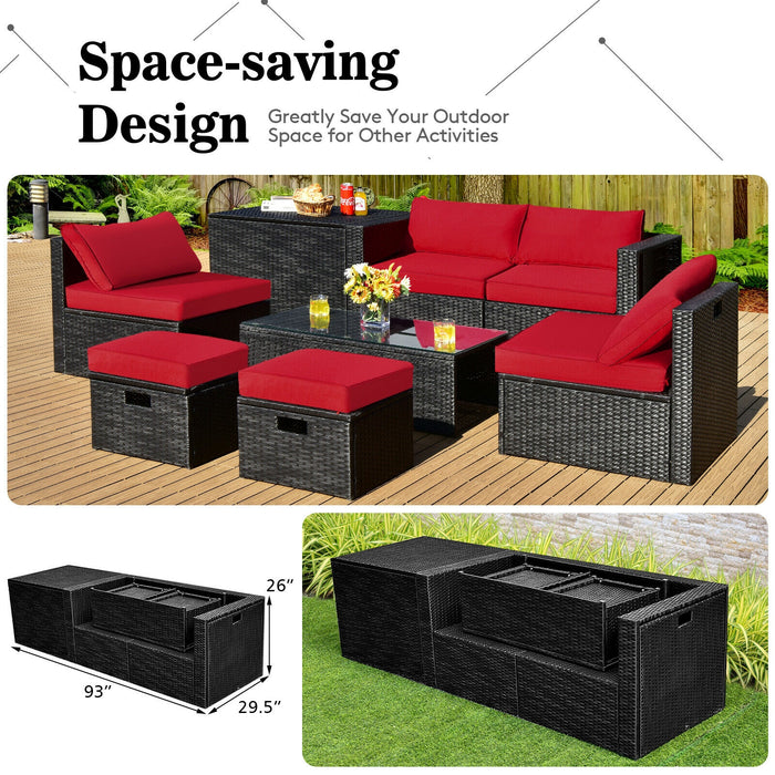 8 Pieces Patio Rattan Storage Table Furniture Set-Red