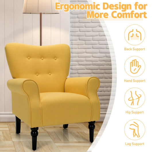 Modern Accent Chair with Tufted Backrest and Rubber Wood Avocado Legs-Yellow