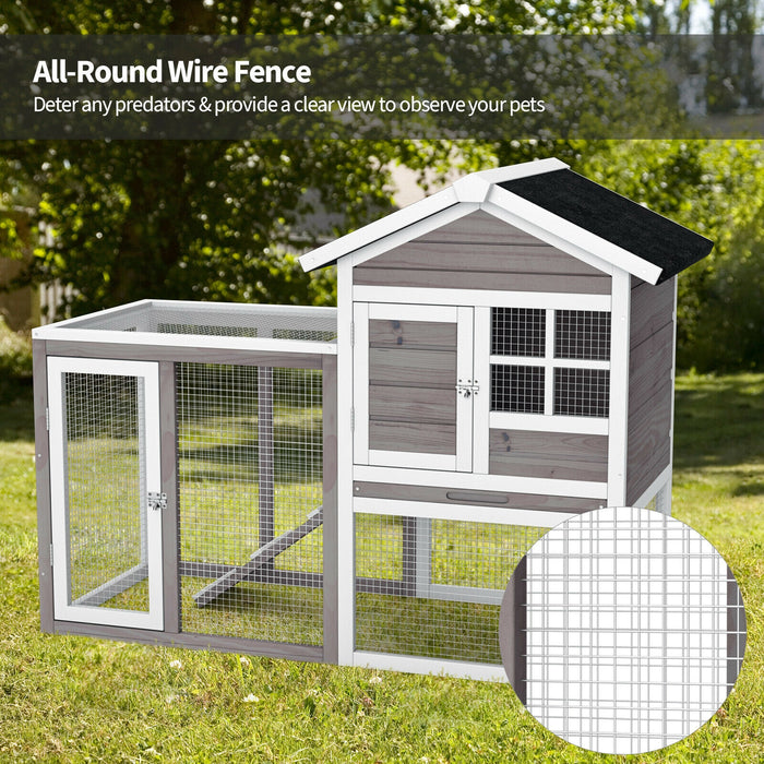 2-Story Wooden Rabbit Hutch with Running Area-Gray