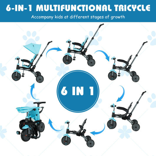 6-in-1 Foldable Baby Tricycle Toddler Stroller with Adjustable Handle-Blue