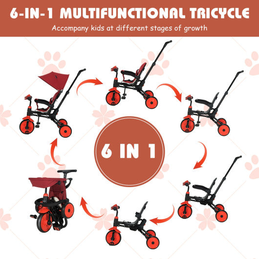 6-in-1 Foldable Baby Tricycle Toddler Stroller with Adjustable Handle-Red