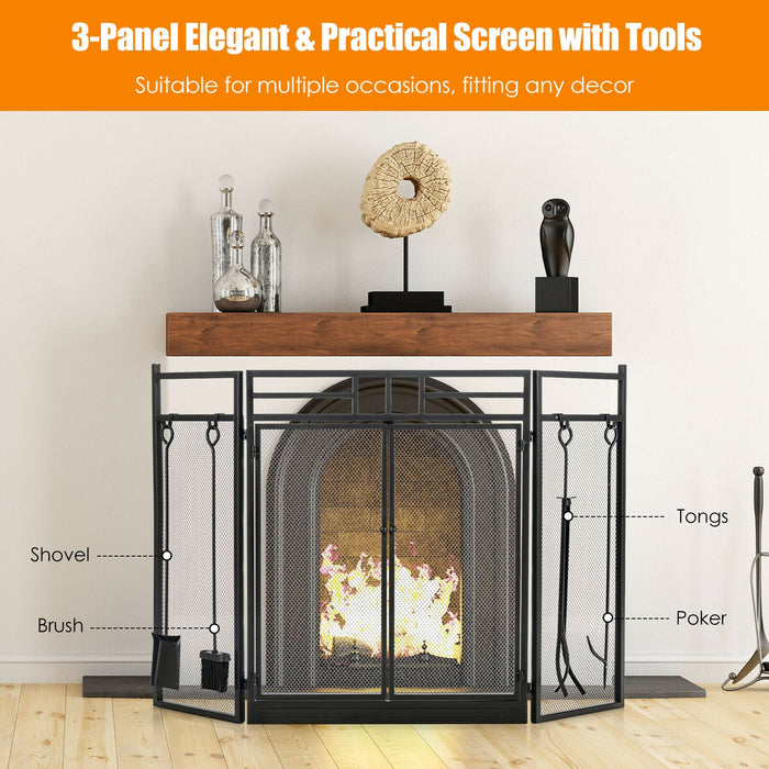 3-Panel Folding Wrought Iron Fireplace Screen with Doors and 4 Pieces Tools Set-Black