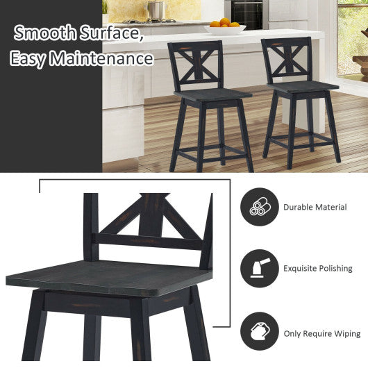 Set of 2 Swivel Counter Height Bar Stools with Solid Wood Legs-Black