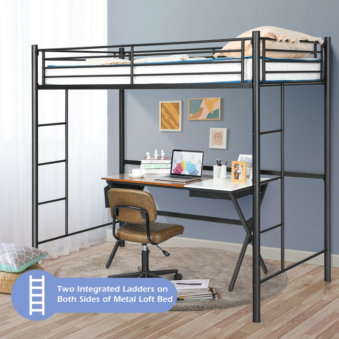 Twin Loft Bed Frame with 2 Ladders Full-length Guardrail -Black