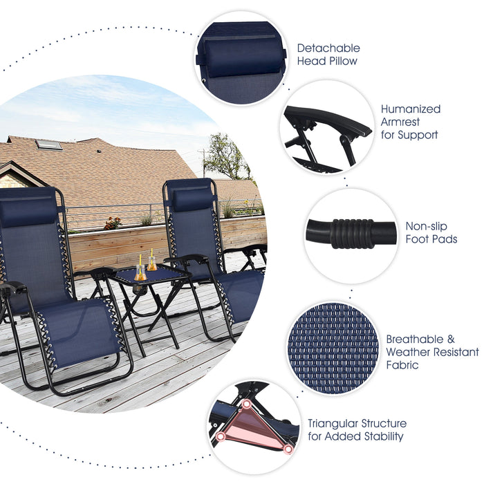 3 Pieces Folding Portable Zero Gravity Reclining Lounge Chairs Table Set-Navy