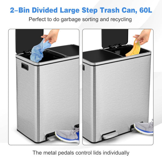 16 Gallon Dual Step Trash Can Recycling Double Bucket Pedal-Silver