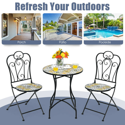 3 Pieces Patio Bistro Mosaic Design Set with Folding Chairs and Round Table