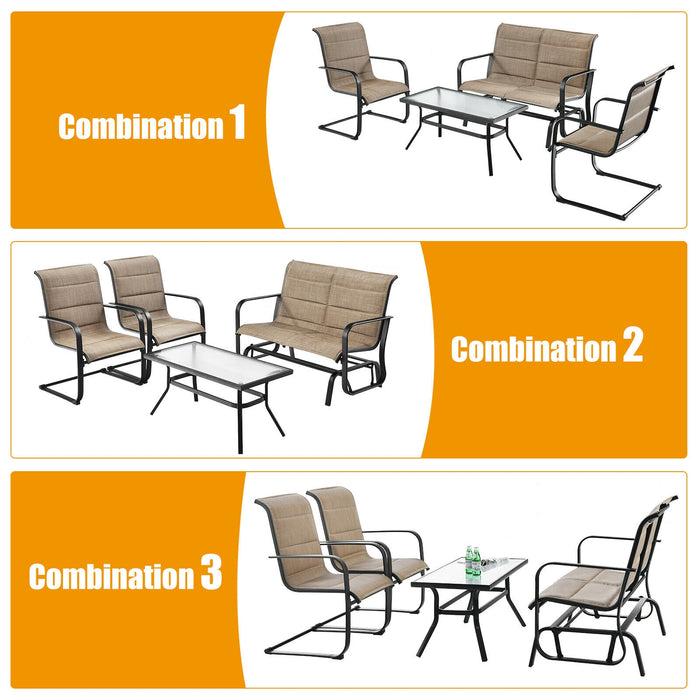 4 Pieces Outdoor Patio Furniture Set with Padded Glider Loveseat and Coffee Table-Brown