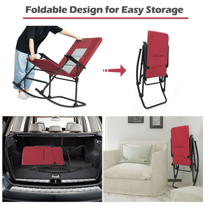 Foldable Rocking Padded Portable Camping Chair with Backrest and Armrest -Red